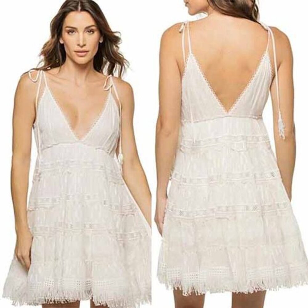 Rococo Sand Fil Coupe Tiered Eyelets Metallic Lace Mini Dress White Size: XS - Picture 9 of 9